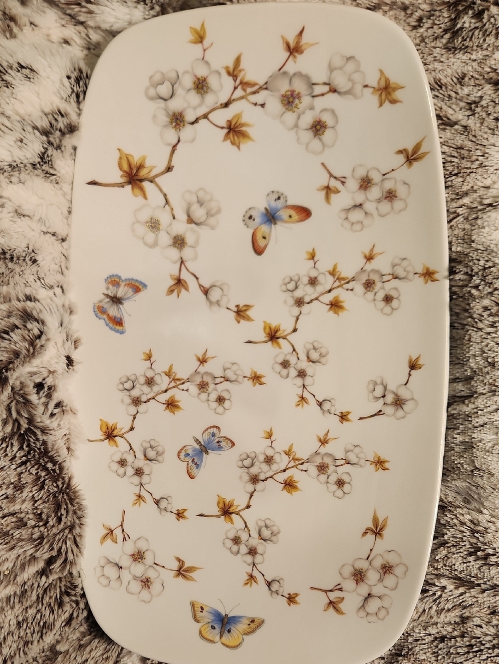 Antique Butterfly Porcelain Serving Platter - White with Yellow & Blue Accents